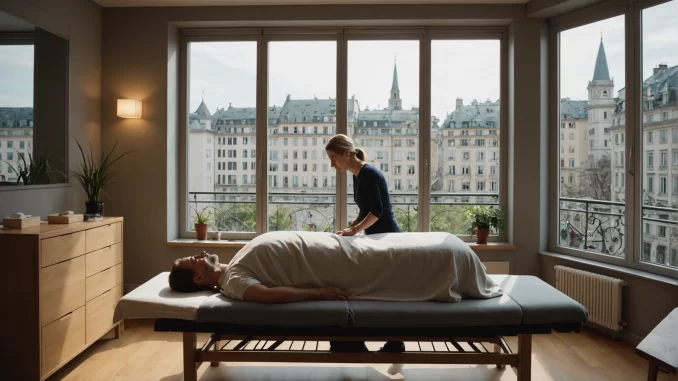 cabinet bien-être praticien et client sur une table de massage pour une séance d'acupuncture